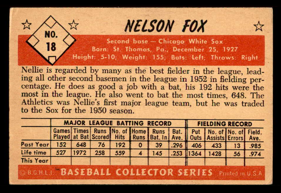 1953 Bowman Color Baseball #018 Nellie Fox White Sox VG-EX 557552