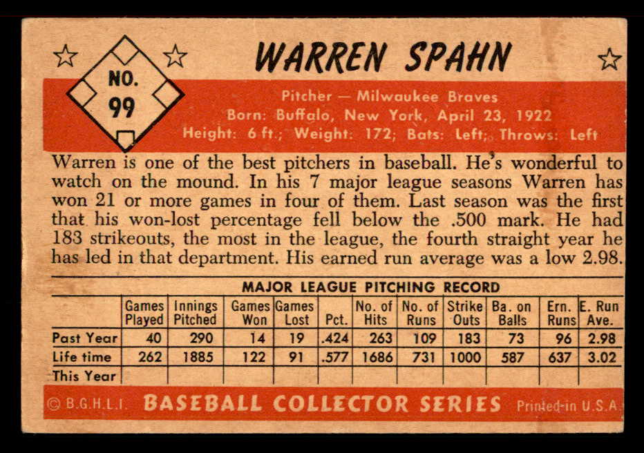 1953 Bowman Color Baseball #099 Warren Spahn Braves VG-EX 557555