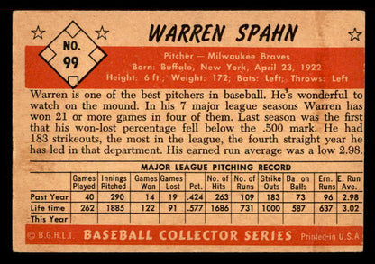 1953 Bowman Color Baseball #099 Warren Spahn Braves VG-EX 557555