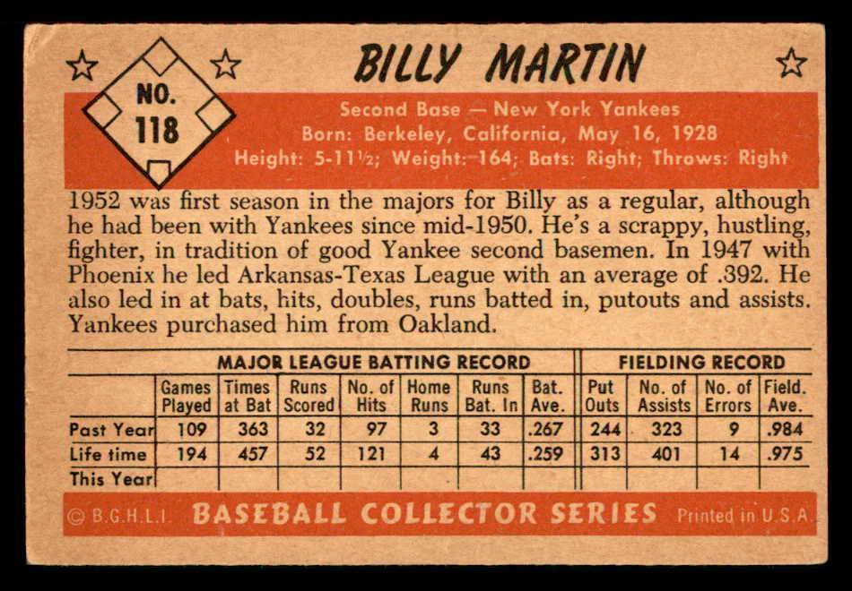 1953 Bowman Color Baseball #118 Billy Martin Yankees VG-EX 557556