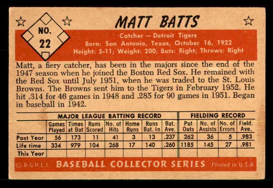 1953 Bowman Black & White Baseball #022 Matt Batts Tigers EX+/EX-MT 557561