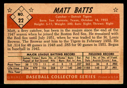 1953 Bowman Black & White Baseball #022 Matt Batts Tigers EX+/EX-MT 557561