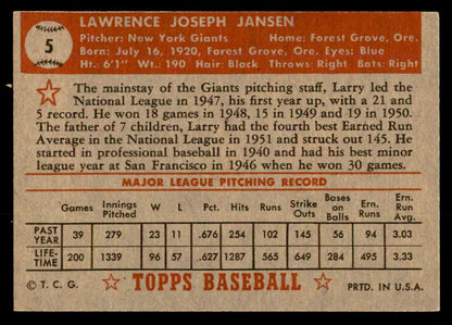 1952 Topps Baseball #005 Larry Jansen Giants EX Red 557565