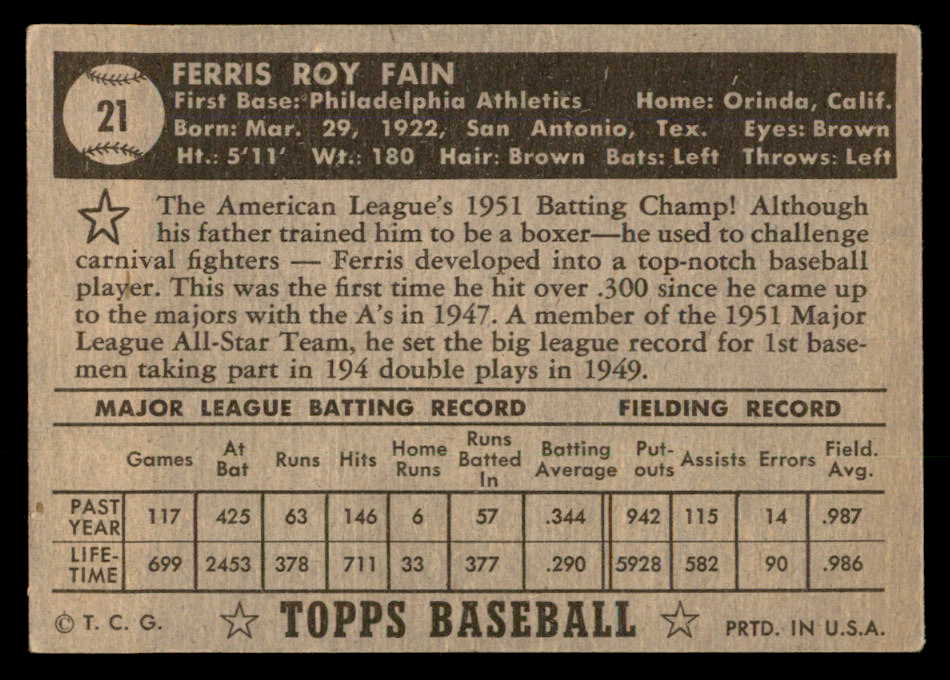 1952 Topps Baseball #021 Ferris Fain A's EX Black 557566