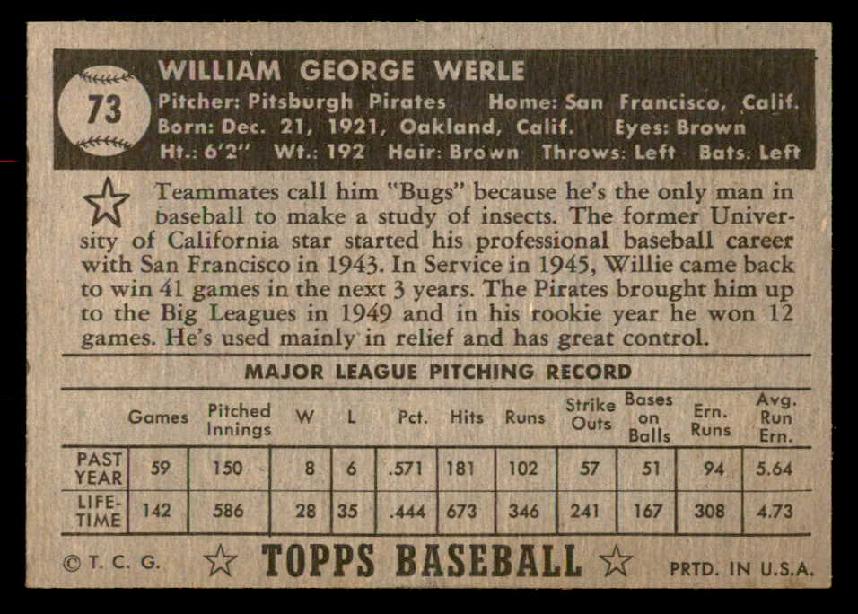 1952 Topps Baseball #073 Bill Werle Pirates EX Black 557572