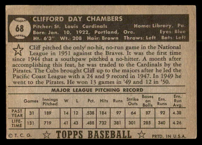 1952 Topps Baseball #068 Cliff Chambers Cardinals EX Black 557573