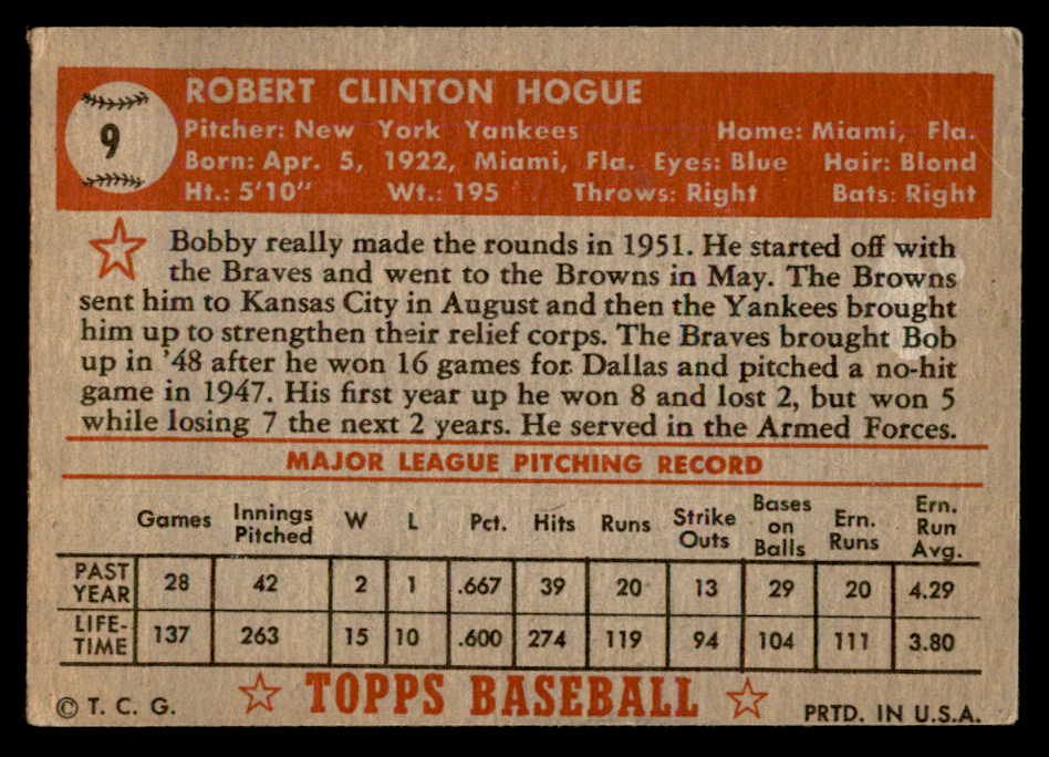 1952 Topps Baseball #009 Bobby Hogue Yankees VG-EX Red 557574