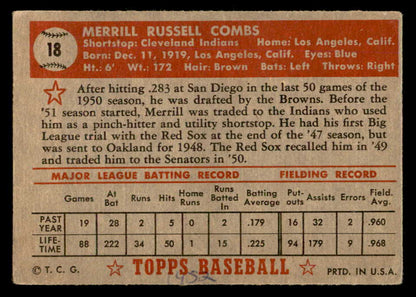 1952 Topps Baseball #018 Merrill Combs Indians VG-EX Red 557576