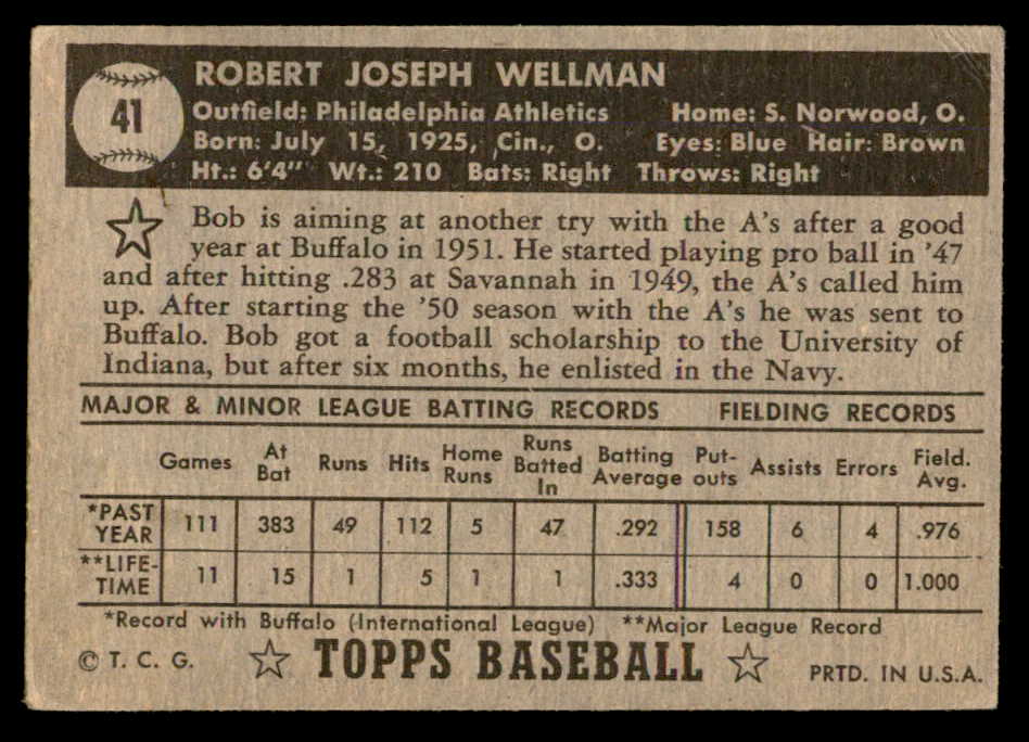 1952 Topps Baseball #041 Bob Wellman A's VG-EX Black 557577