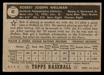 1952 Topps Baseball #041 Bob Wellman A's VG-EX Black 557577