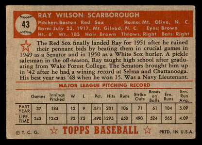 1952 Topps Baseball #043 Ray Scarborough Red Sox VG-EX Red 557578