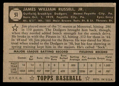 1952 Topps Baseball #051 Jim Russell Dodgers VG-EX Black 557580
