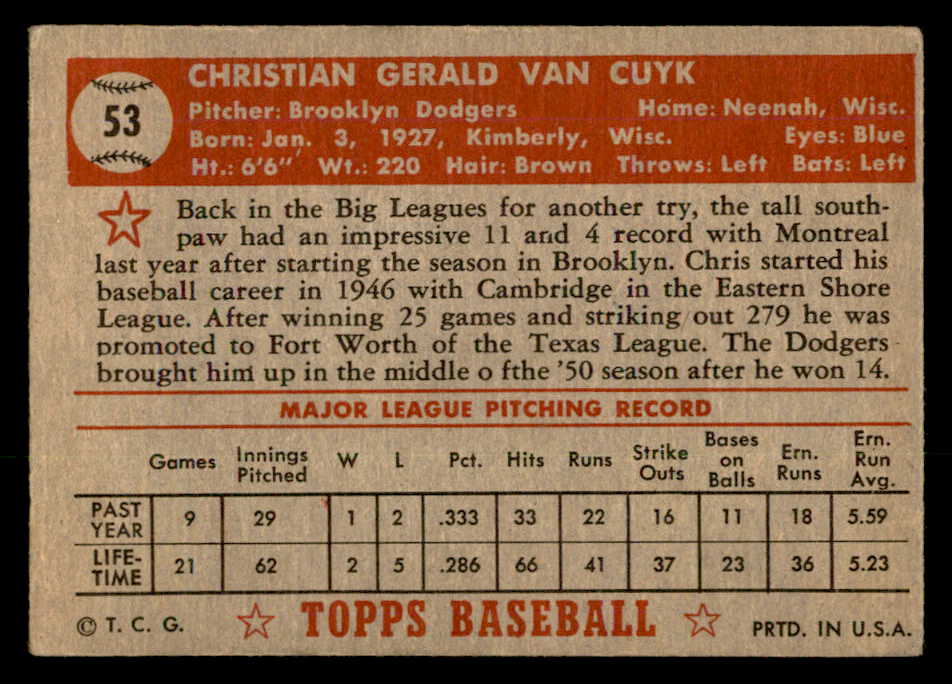 1952 Topps Baseball #053 Chris Van Cuyk Dodgers VG-EX Red 557581