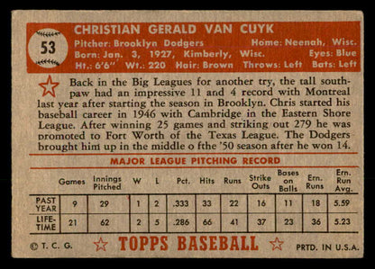 1952 Topps Baseball #053 Chris Van Cuyk Dodgers VG-EX Red 557581