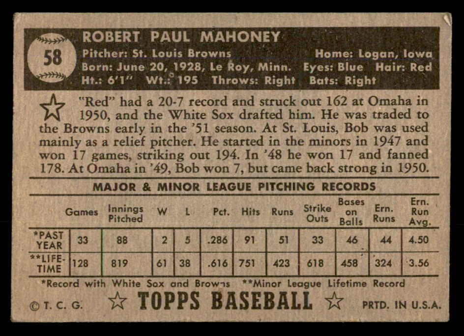 1952 Topps Baseball #058 Bob Mahoney Browns VG-EX Black 557583