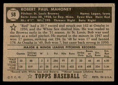 1952 Topps Baseball #058 Bob Mahoney Browns VG-EX Black 557583
