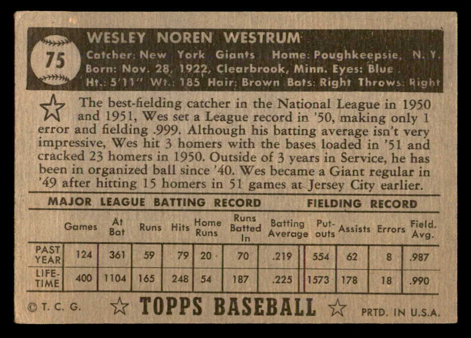 1952 Topps Baseball #075 Wes Westrum Giants VG Black 557594