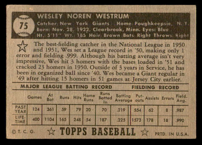 1952 Topps Baseball #075 Wes Westrum Giants VG Black 557594