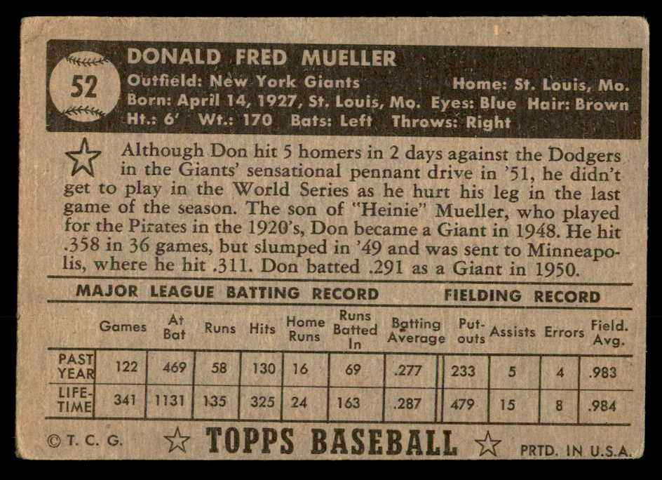 1952 Topps Baseball #052 Don Mueller Giants VG Black 557596