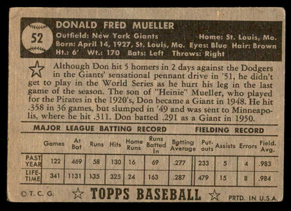1952 Topps Baseball #052 Don Mueller Giants VG Black 557596