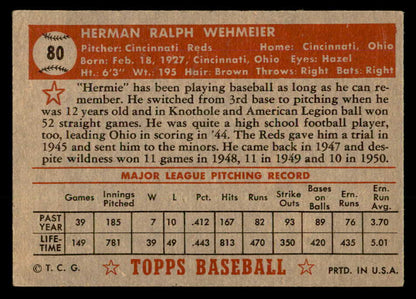 1952 Topps Baseball #080 Herman Wehmeier Reds VG-EX Red 557598