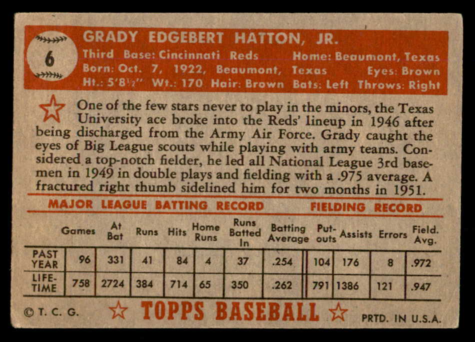 1952 Topps Baseball #006 Grady Hatton Reds VG-EX Red 557599