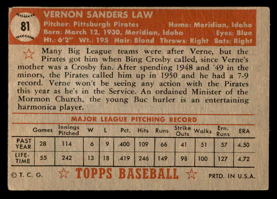 1952 Topps Baseball #081 Vern Law Pirates VG-EX 557602