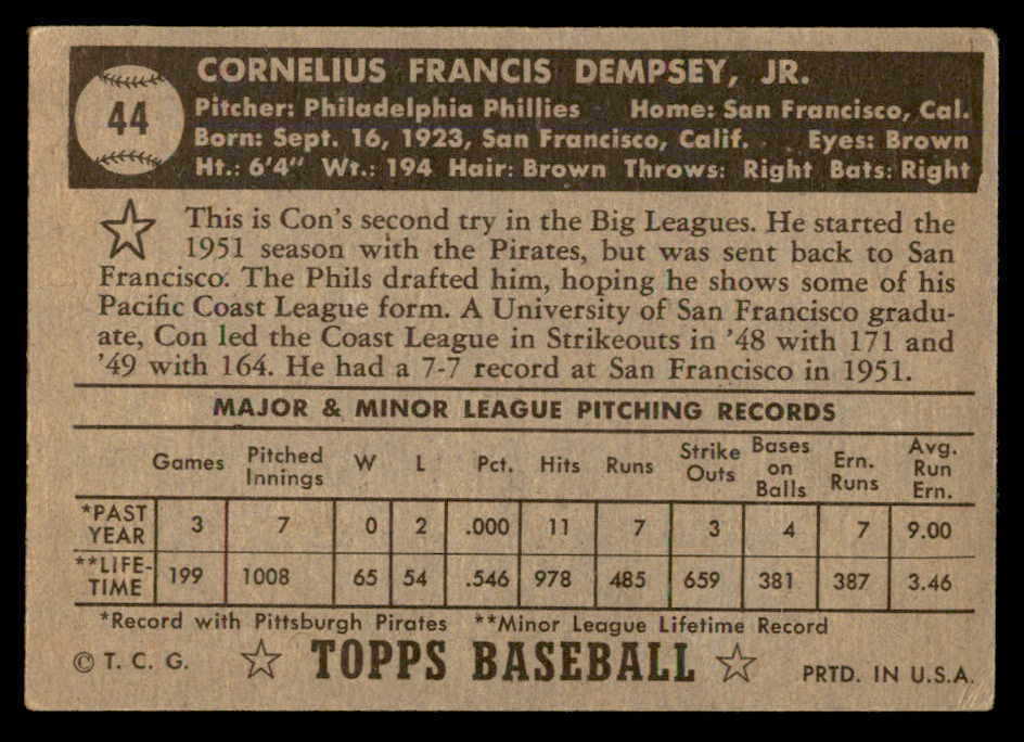 1952 Topps Baseball #044 Con Dempsey Phillies VG Black 557606