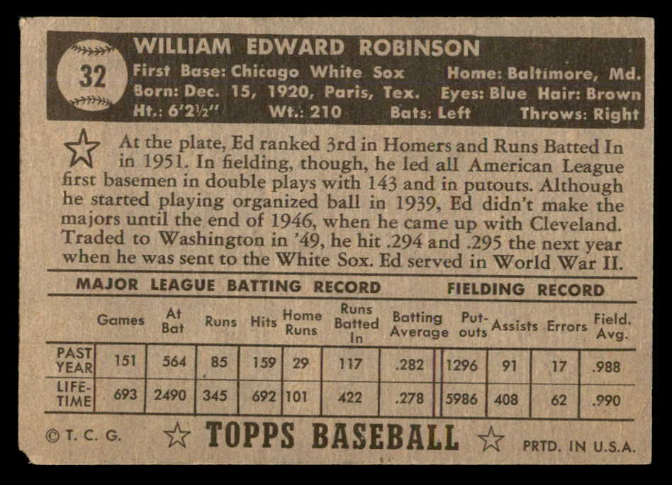 1952 Topps Baseball #032 Eddie Robinson White Sox VG Black 557607