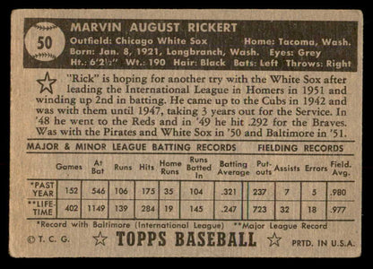 1952 Topps Baseball #050 Marv Rickert White Sox VG Black 557610