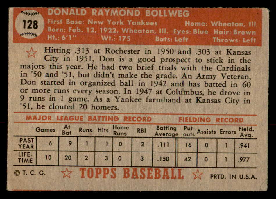 1952 Topps Baseball #128 Don Bollweg Yankees Good 557612