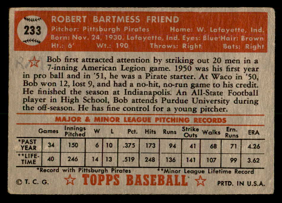 1952 Topps Baseball #233 Bob Friend Pirates VG 557615