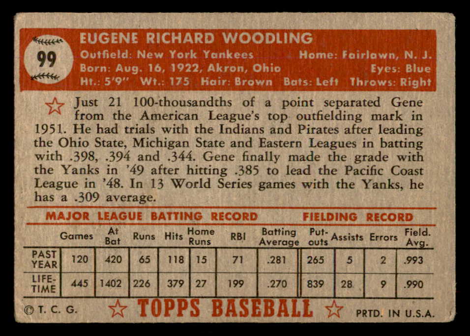 1952 Topps Baseball #099 Gene Woodling Yankees VG 557619