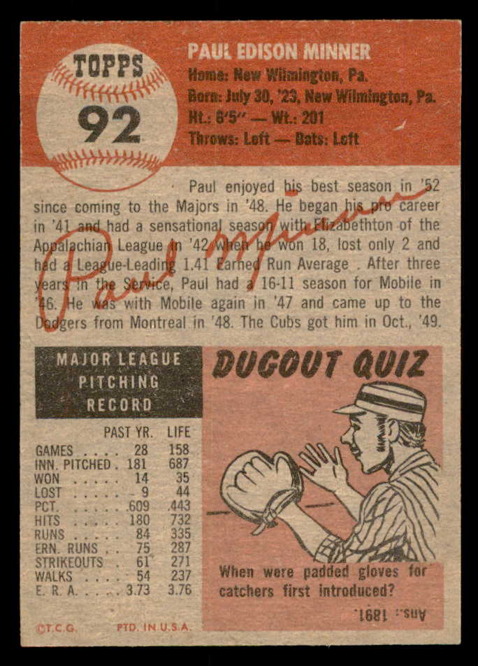 1953 Topps Baseball #092 Paul Minner Cubs EX-MT 557632