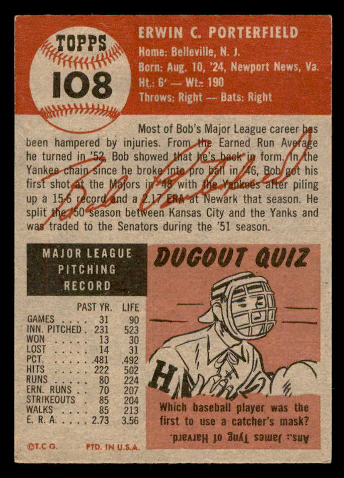 1953 Topps Baseball #108 Bob Porterfield Senators EX-MT 557636