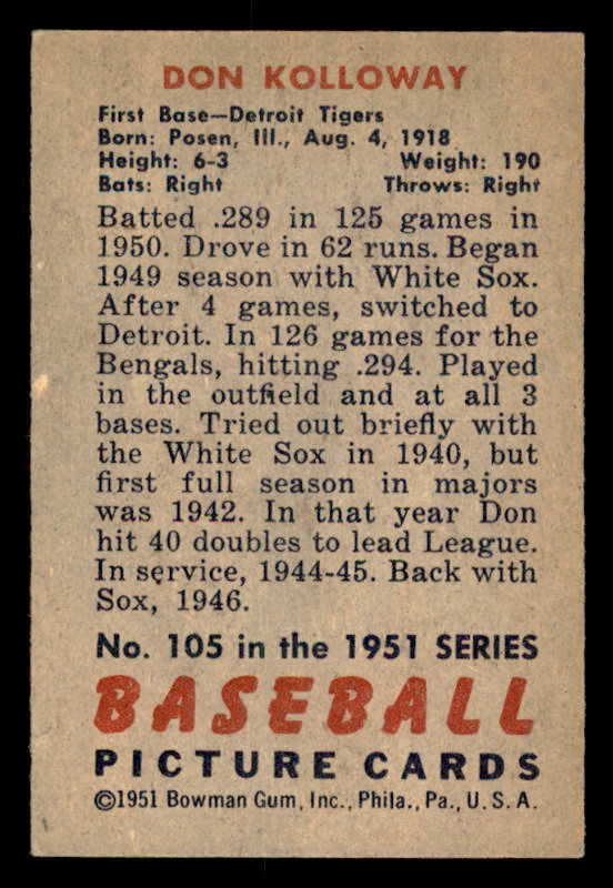 1951 Bowman Baseball #105 Don Kolloway Tigers EX-MT 557639