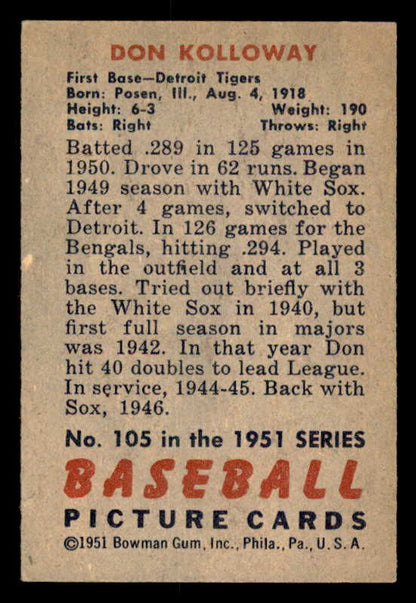 1951 Bowman Baseball #105 Don Kolloway Tigers EX-MT 557639