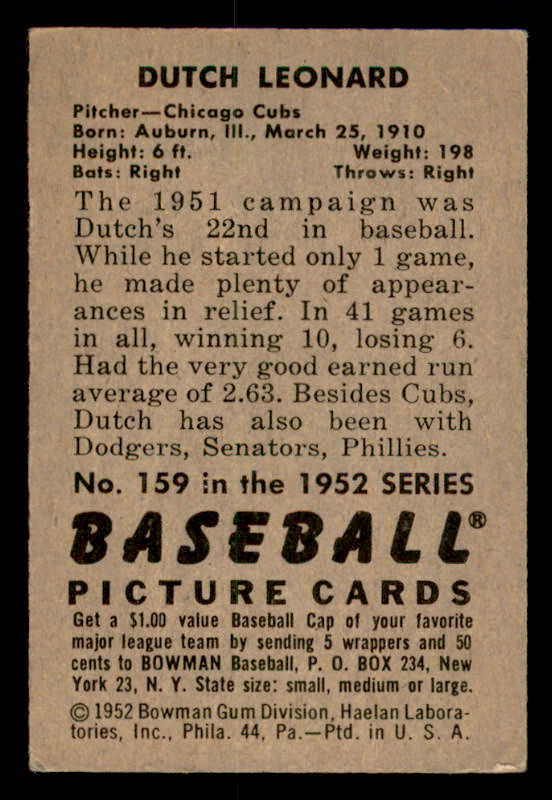 1952 Bowman Baseball #159 Dutch Leonard Cubs VG-EX 557641