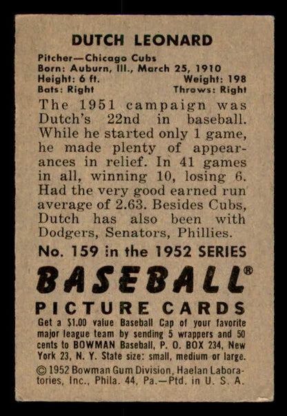 1952 Bowman Baseball #159 Dutch Leonard Cubs VG-EX 557641