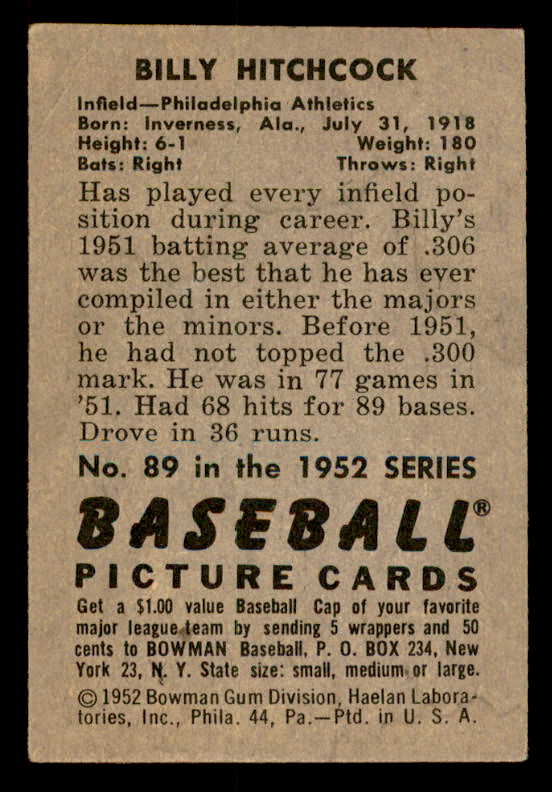 1952 Bowman Baseball #089 Billy Hitchcock A's VG-EX 557642