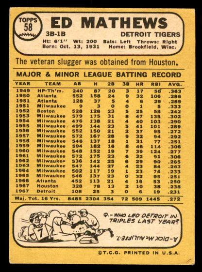 1968 Topps Baseball #058 Eddie Mathews Tigers EX+/EX-MT 557644