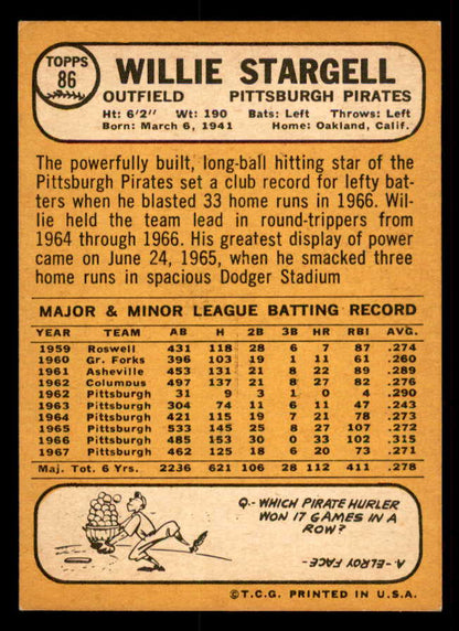 1968 Topps Baseball #086 Willie Stargell Pirates EX-MT 557645