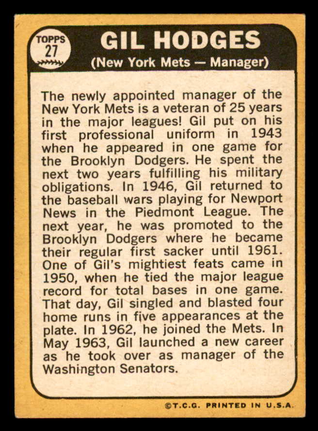 1968 Topps Baseball #027 Gil Hodges Mets EX-MT 557648