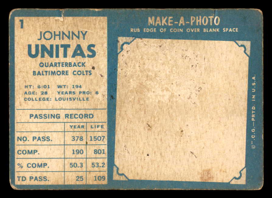 1961 Topps Football #001 John Unitas Colts FR-GD 557654