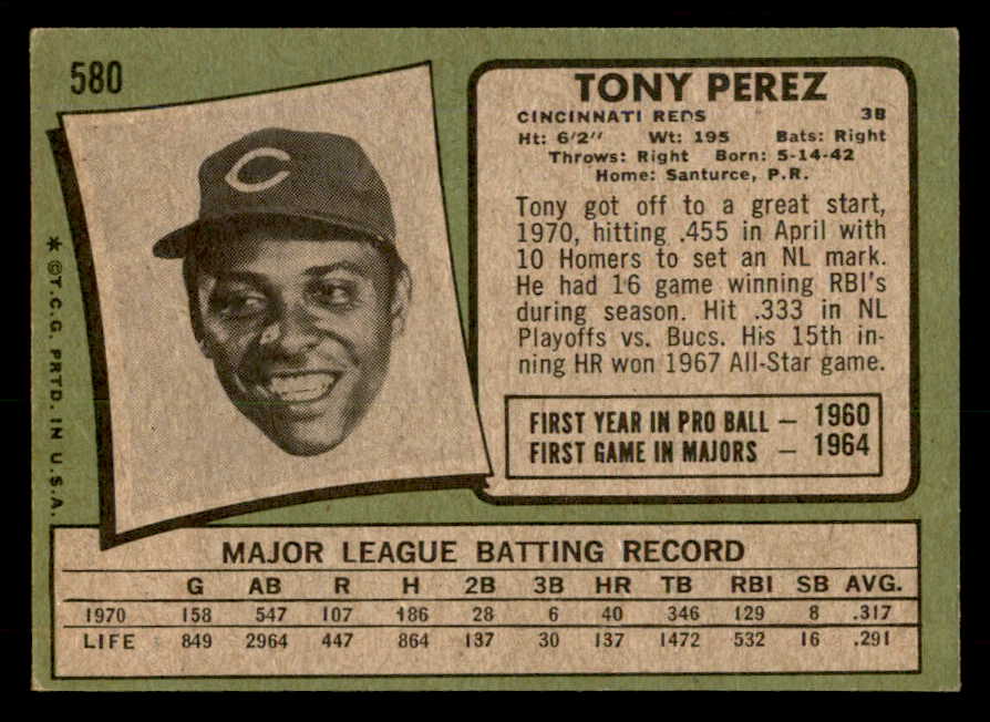 1971 Topps Baseball #580 Tony Perez Reds EX 557659