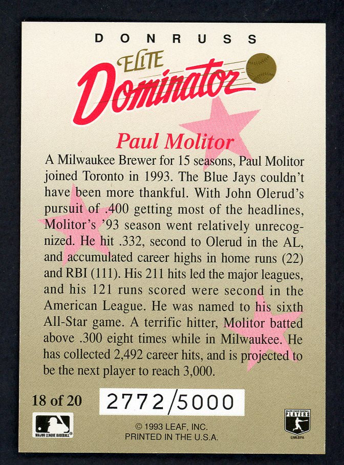 1993 Donruss Elite Dominator #018 Paul Molitor Blue Jays 557823