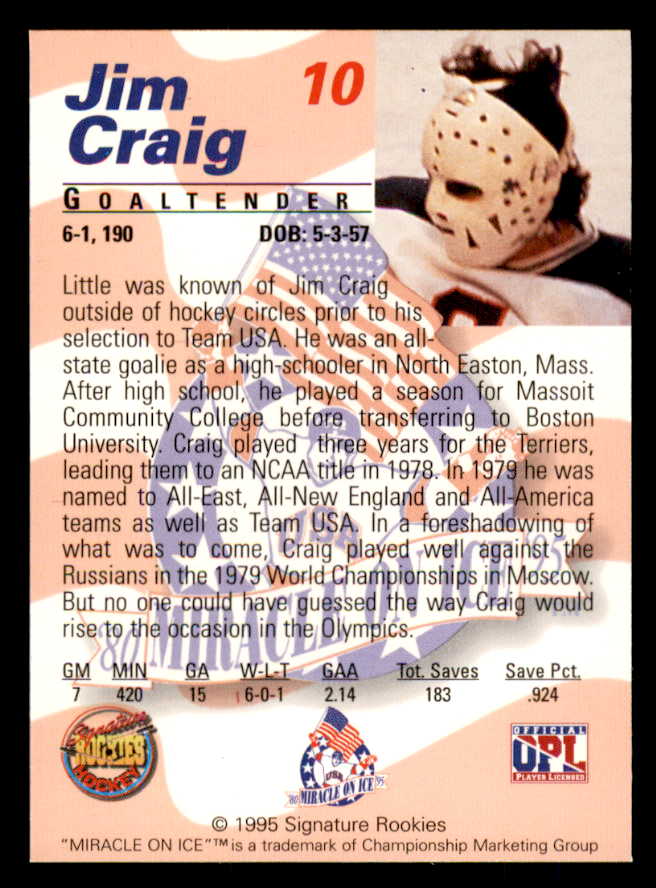 1995 Signature Rookies Miracle on Ice #010 Jim Craig Autograph 557942