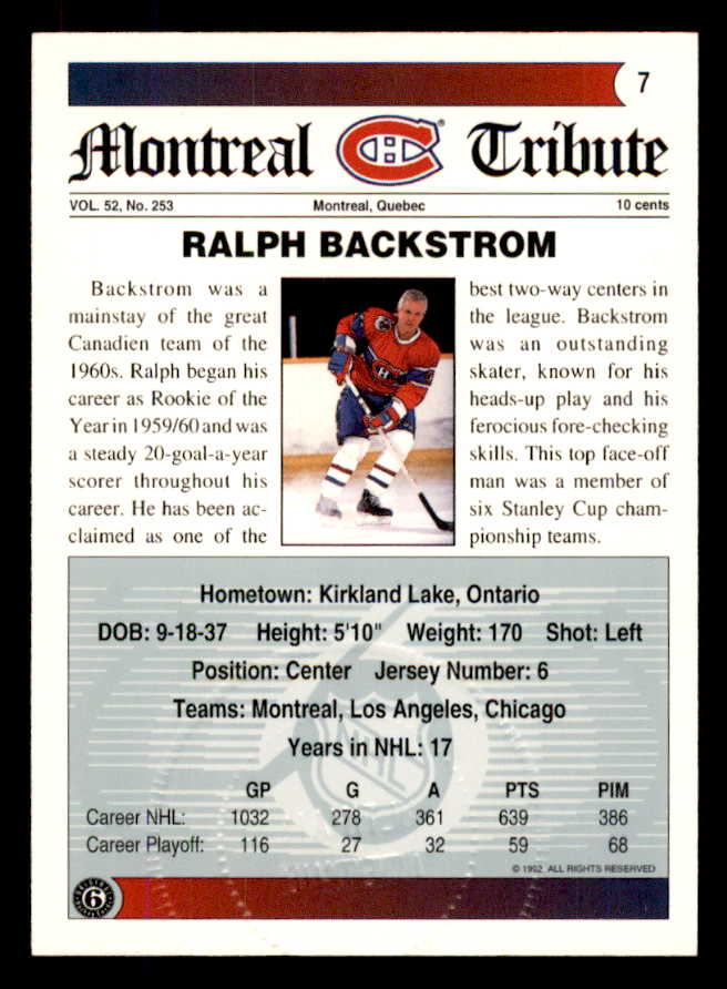 1992 Ultimate #007 Ralph Backstrom Canadiens Signed Autographed 558032