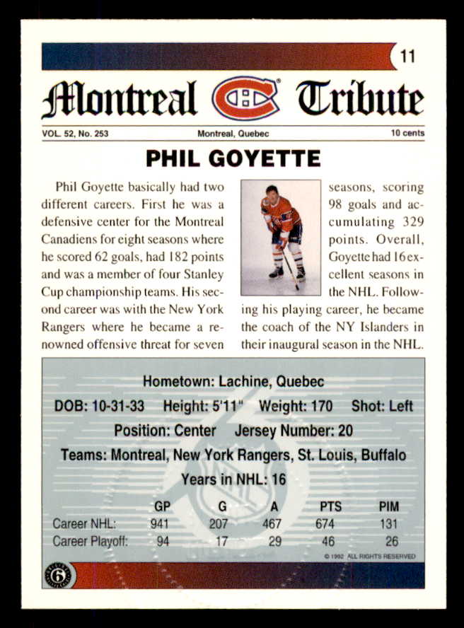 1992 Ultimate #011 Phil Goyette Canadiens Signed Autographed 558035
