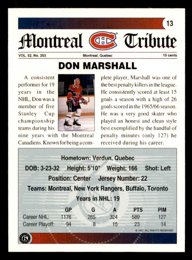 1992 Ultimate #013 Don Marshall Canadiens Signed Autographed 558036
